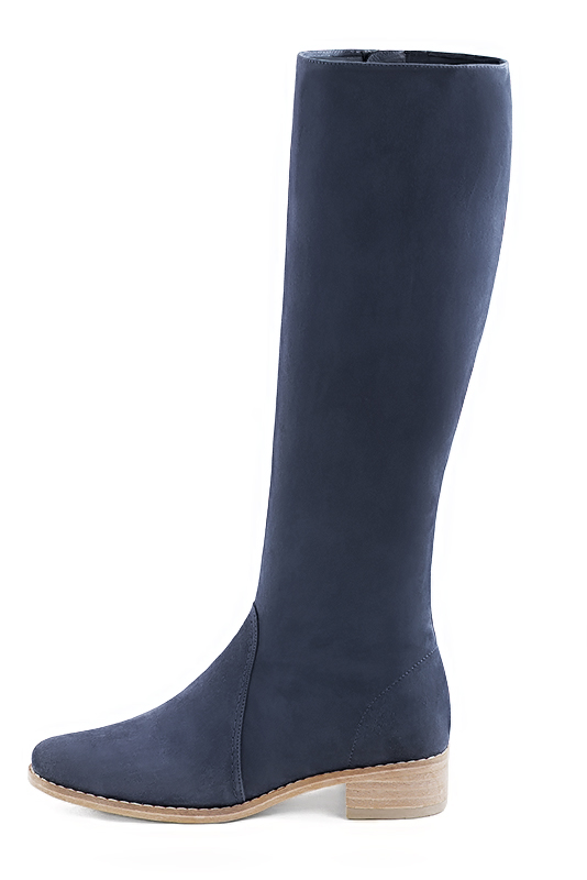 Denim blue women's riding knee-high boots. Round toe. Low leather soles. Made to measure. Profile view - Florence KOOIJMAN